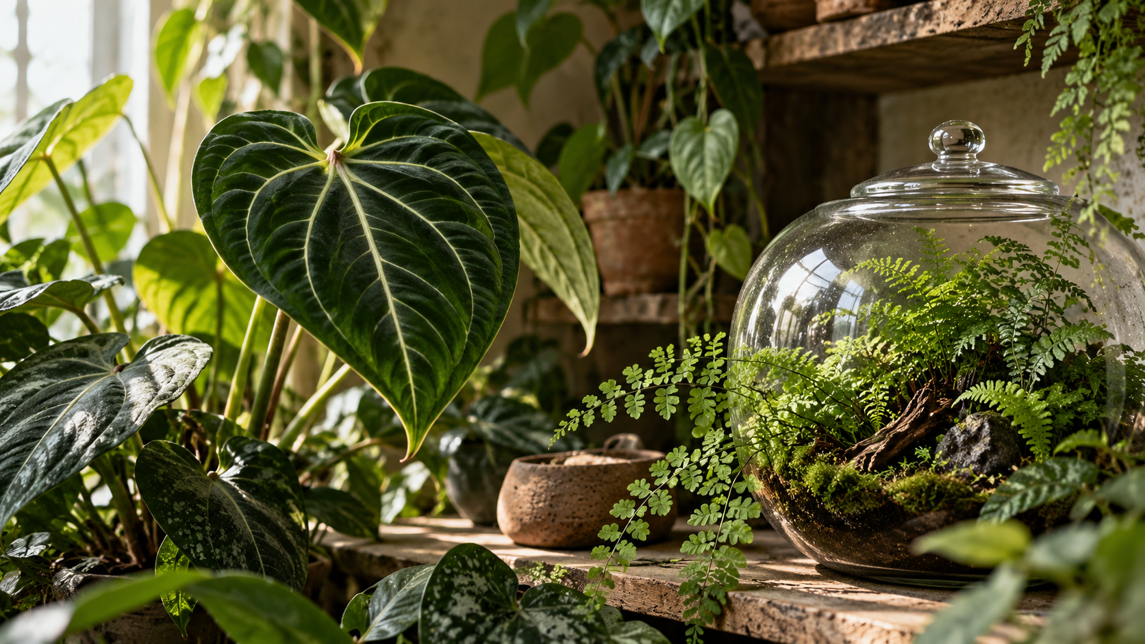 Illustrative tropical growing scene with leaves and a glass terrarium
